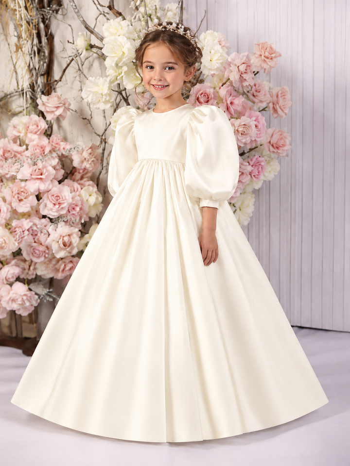 TinyTulle Elegant White Satin High-Waist Puff Sleeve Princess Flower Girl Dress