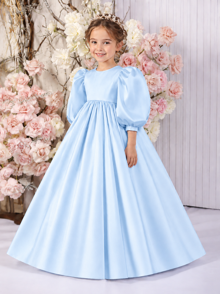 TinyTulle Elegant White Satin High-Waist Puff Sleeve Princess Flower Girl Dress