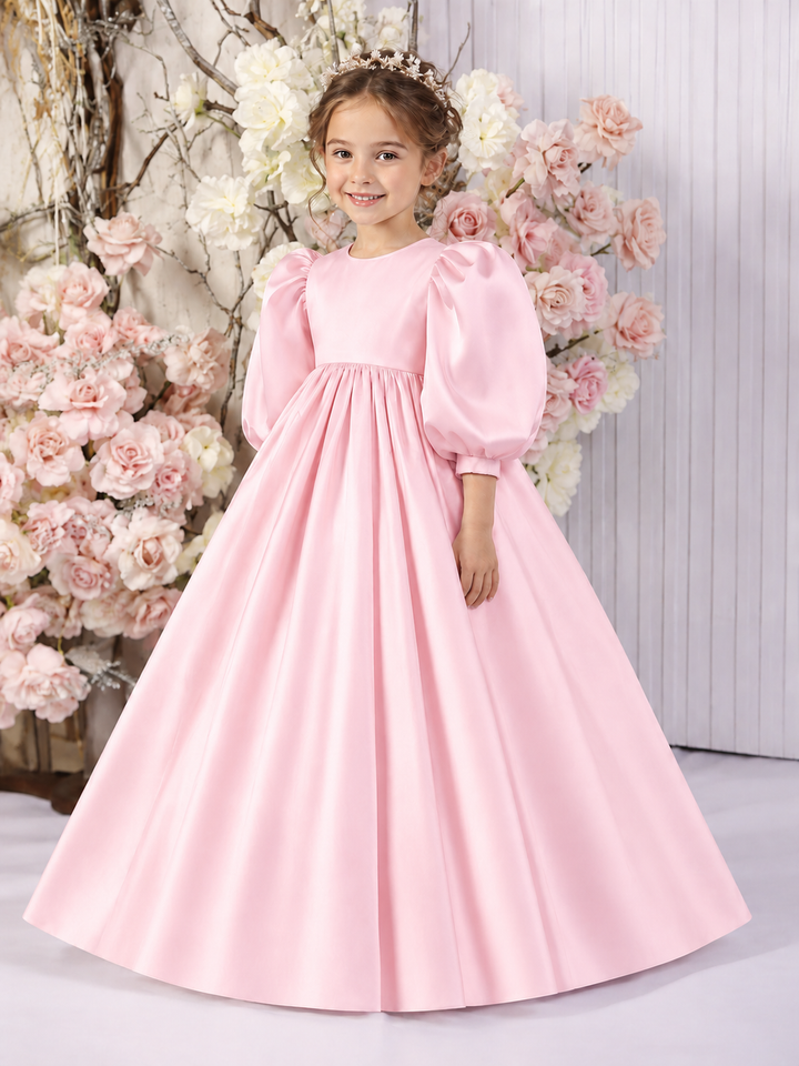 TinyTulle Elegant White Satin High-Waist Puff Sleeve Princess Flower Girl Dress