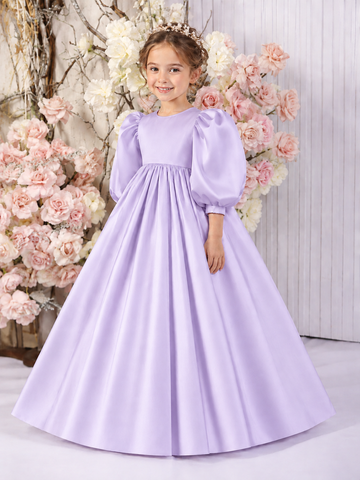 TinyTulle Elegant White Satin High-Waist Puff Sleeve Princess Flower Girl Dress