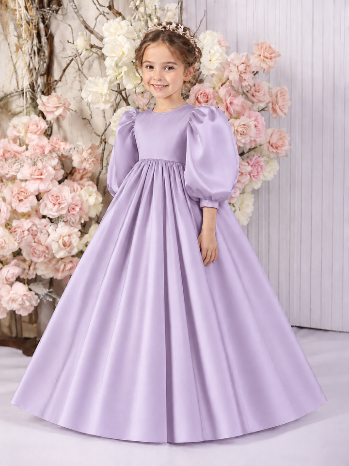 TinyTulle Elegant White Satin High-Waist Puff Sleeve Princess Flower Girl Dress