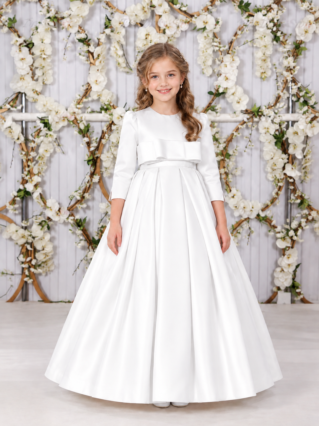 TinyTulle Elegant Ivory Long Sleeve Satin High Waist Flower Girl Dress with Bow