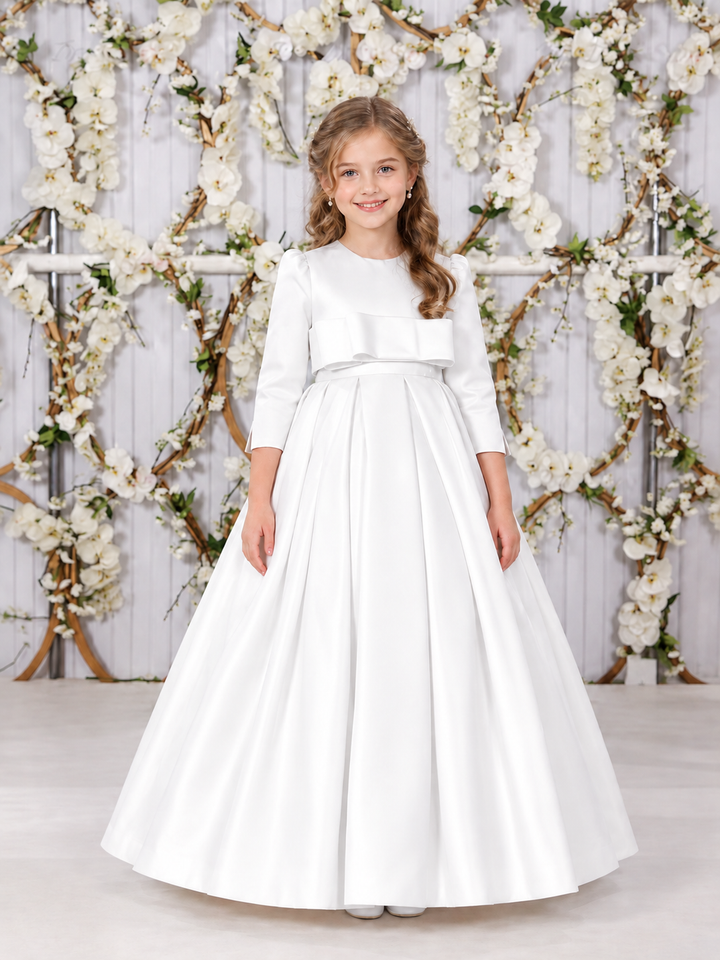 TinyTulle Elegant Ivory Long Sleeve Satin High Waist Flower Girl Dress with Bow