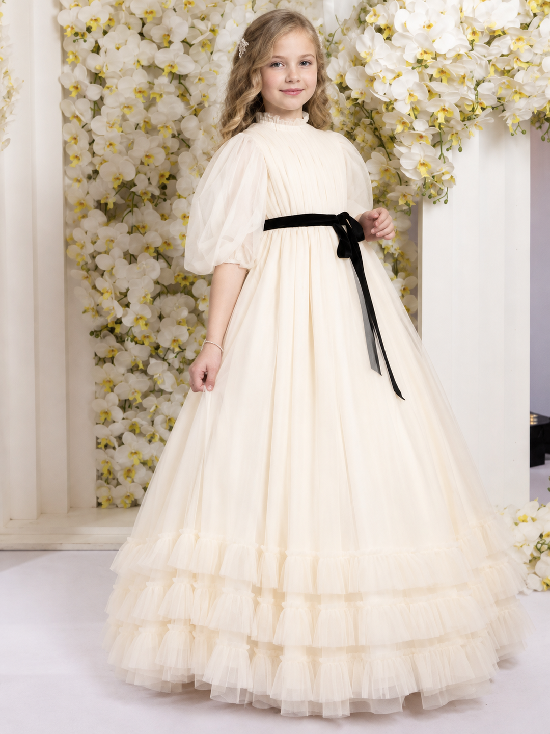 TinyTulle Vintage Ivory Ruffle Tulle Flower Girl Dress with Black Bow