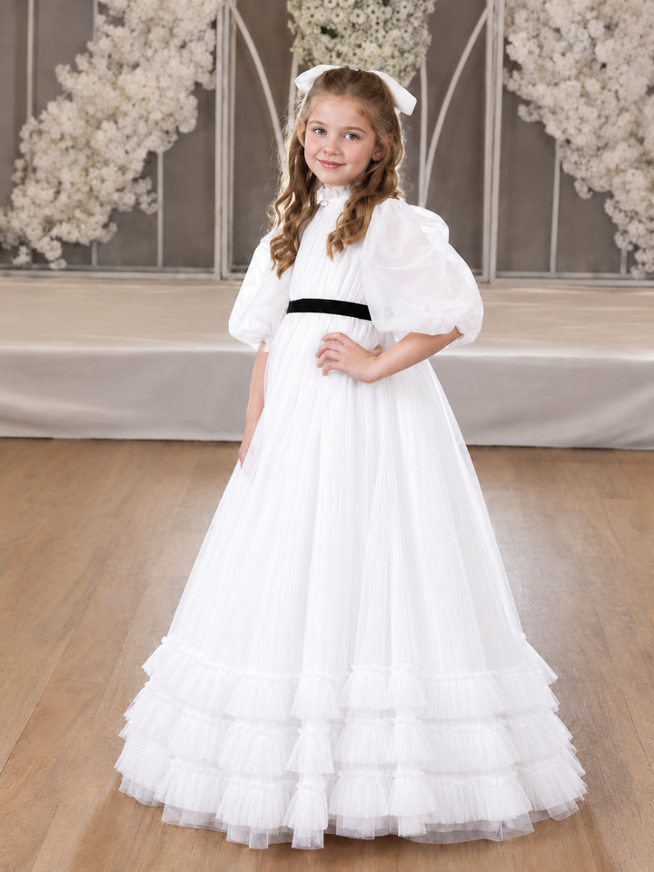 TinyTulle Vintage Ivory Ruffle Tulle Flower Girl Dress with Black Bow