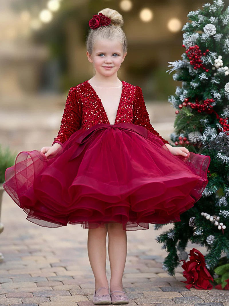 TinyTulle Sequin Tulle V-Neck Flower Girl Dress Kids Princess Party Tutu Dress