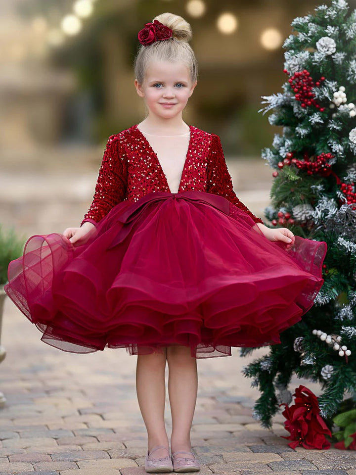 TinyTulle Sequin Tulle V-Neck Flower Girl Dress Kids Princess Party Tutu Dress
