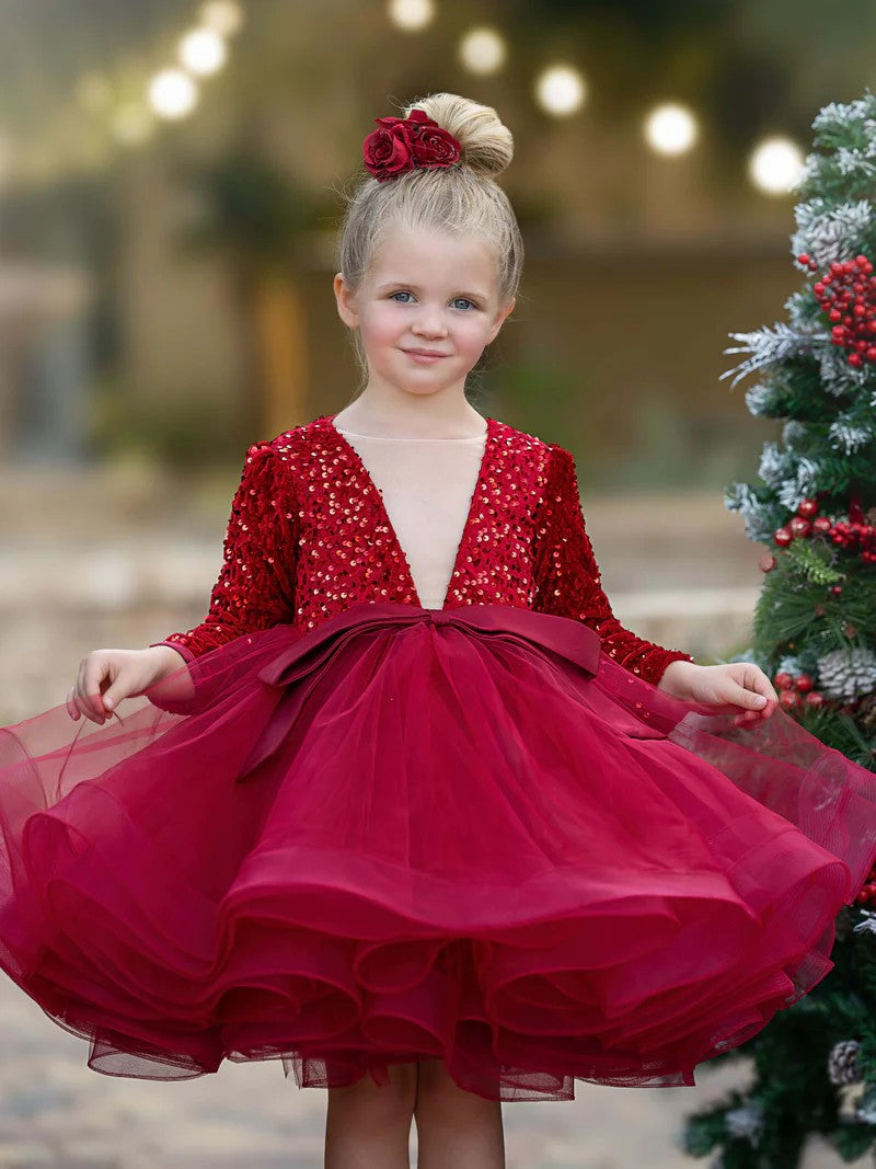 TinyTulle Sequin Tulle V-Neck Flower Girl Dress Kids Princess Party Tutu Dress