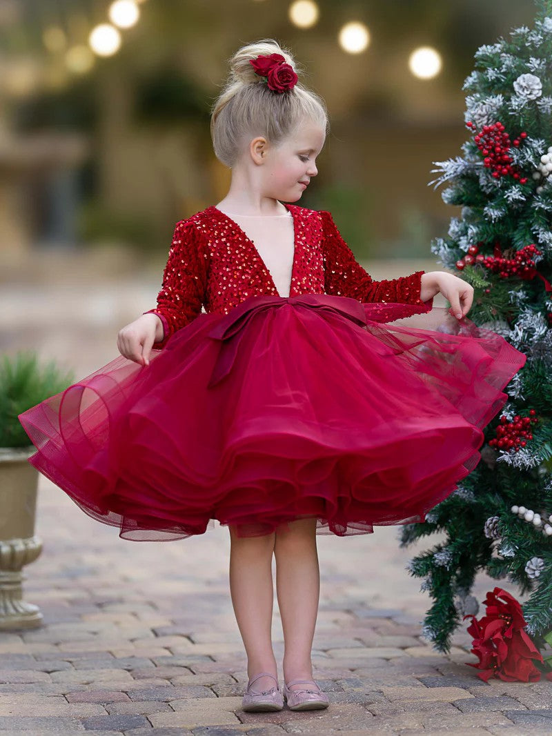 TinyTulle Sequin Tulle V-Neck Flower Girl Dress Kids Princess Party Tutu Dress