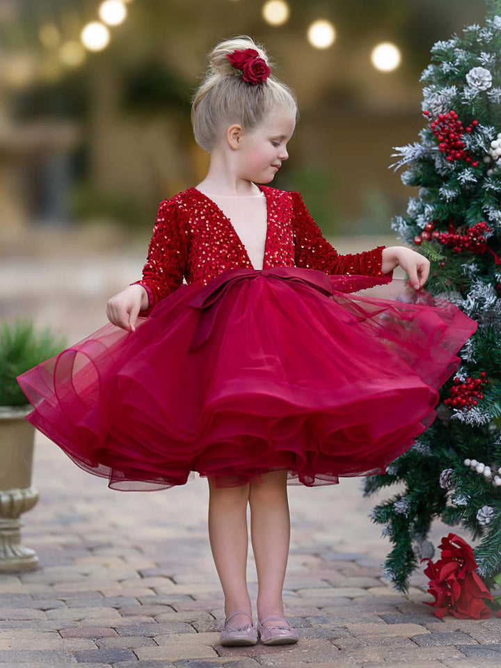 TinyTulle Sequin Tulle V-Neck Flower Girl Dress Kids Princess Party Tutu Dress