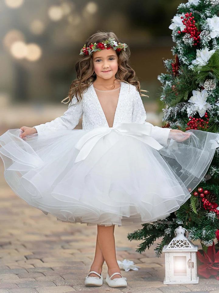TinyTulle Sequin Tulle V-Neck Flower Girl Dress Kids Princess Party Tutu Dress