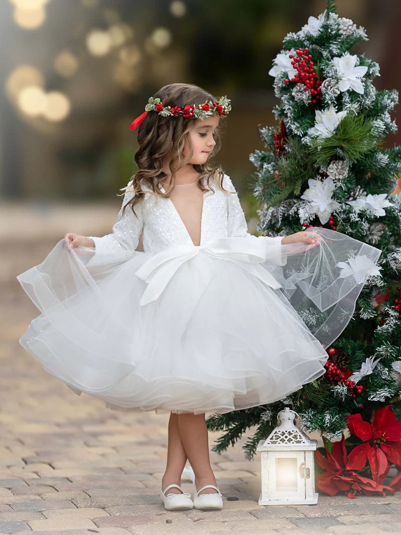 TinyTulle Sequin Tulle V-Neck Flower Girl Dress Kids Princess Party Tutu Dress