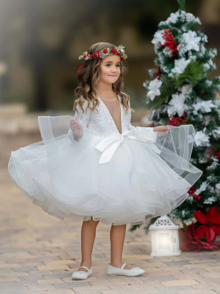 TinyTulle Sequin Tulle V-Neck Flower Girl Dress Kids Princess Party Tutu Dress