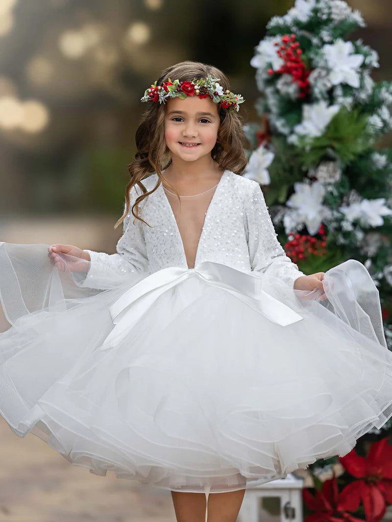 TinyTulle Sequin Tulle V-Neck Flower Girl Dress Kids Princess Party Tutu Dress