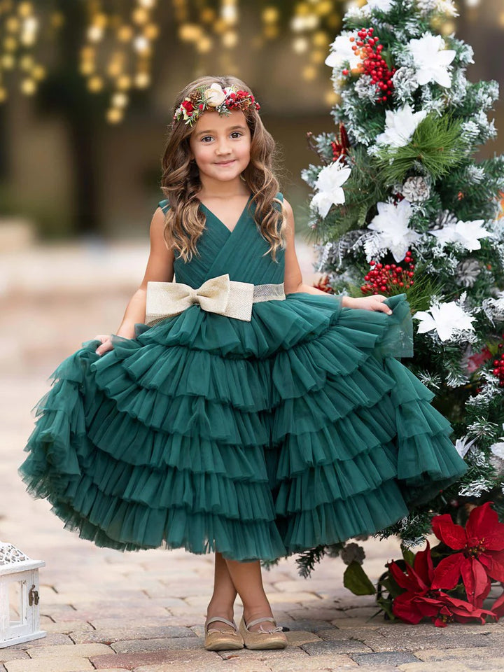 TinyTulle Dark Green Sleeveless V-Neck Tiered Tulle Christmas Flower Girl Dress with Bow