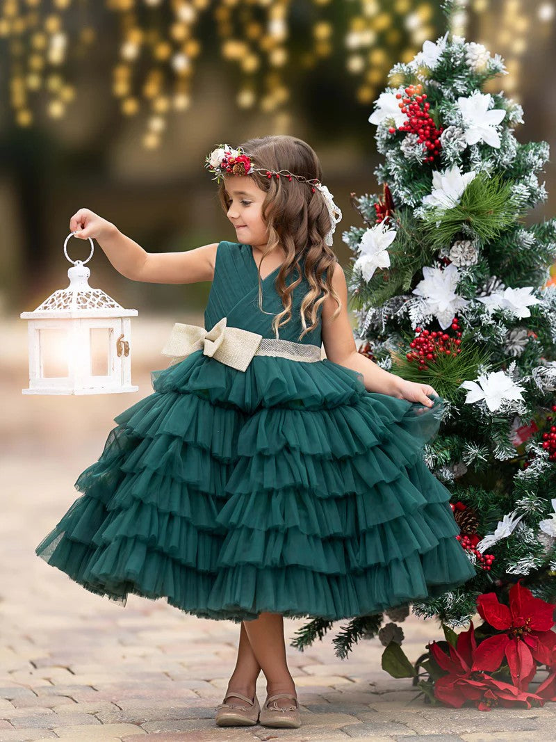 TinyTulle Dark Green Sleeveless V-Neck Tiered Tulle Christmas Flower Girl Dress with Bow