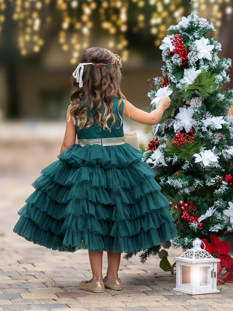TinyTulle Dark Green Sleeveless V-Neck Tiered Tulle Christmas Flower Girl Dress with Bow