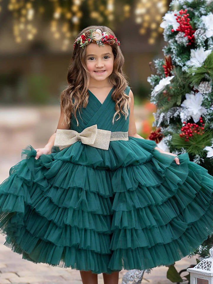 TinyTulle Dark Green Sleeveless V-Neck Tiered Tulle Christmas Flower Girl Dress with Bow
