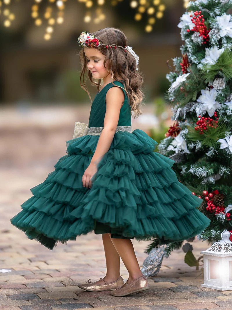 TinyTulle Dark Green Sleeveless V-Neck Tiered Tulle Christmas Flower Girl Dress with Bow