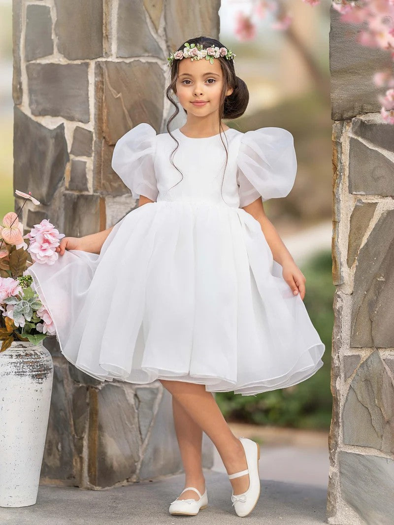 TinyTulle Light Blue Organza Puff Sleeve Flower Girl Dress with Bow Back