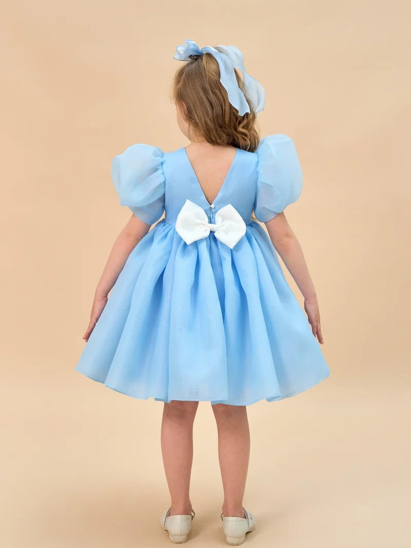 TinyTulle Light Blue Organza Puff Sleeve Flower Girl Dress with Bow Back
