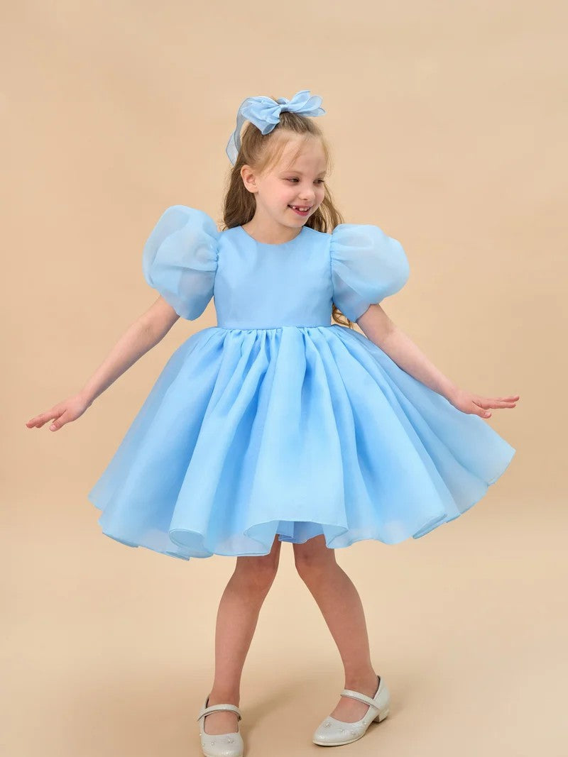 TinyTulle Light Blue Organza Puff Sleeve Flower Girl Dress with Bow Back