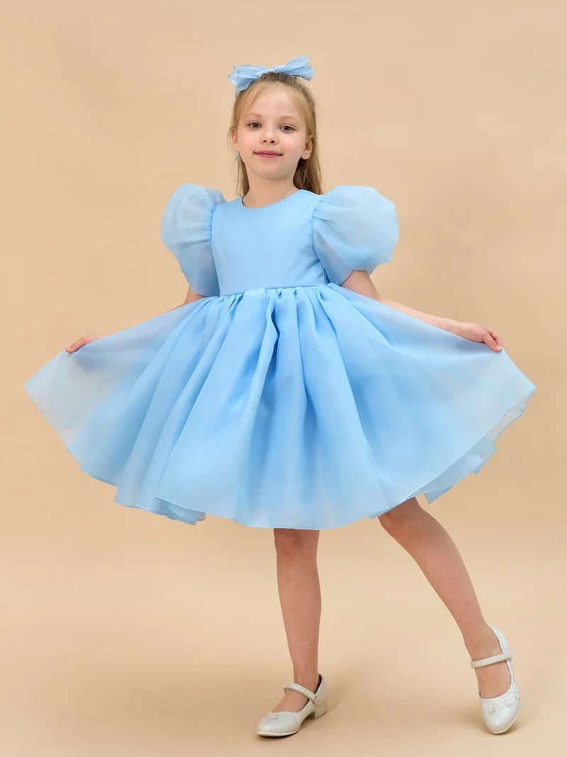 TinyTulle Light Blue Organza Puff Sleeve Flower Girl Dress with Bow Back