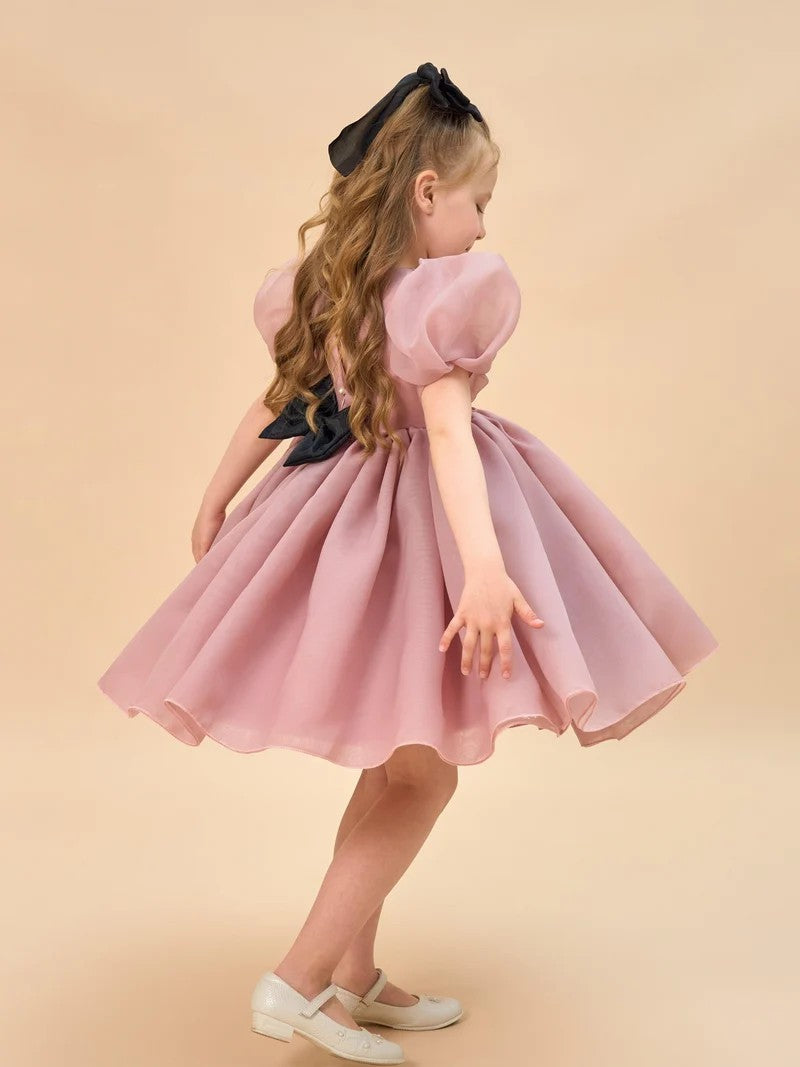 TinyTulle Light Blue Organza Puff Sleeve Flower Girl Dress with Bow Back