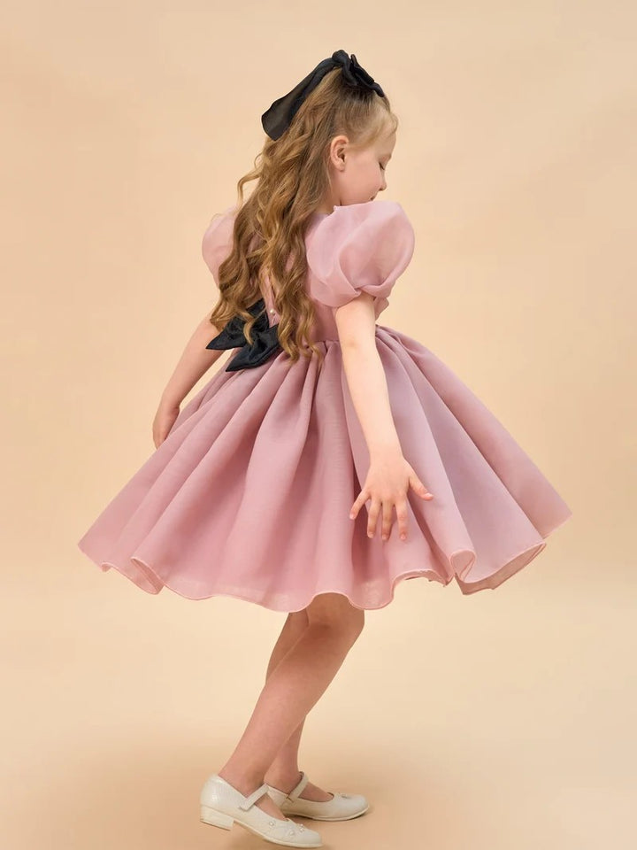 TinyTulle Light Blue Organza Puff Sleeve Flower Girl Dress with Bow Back