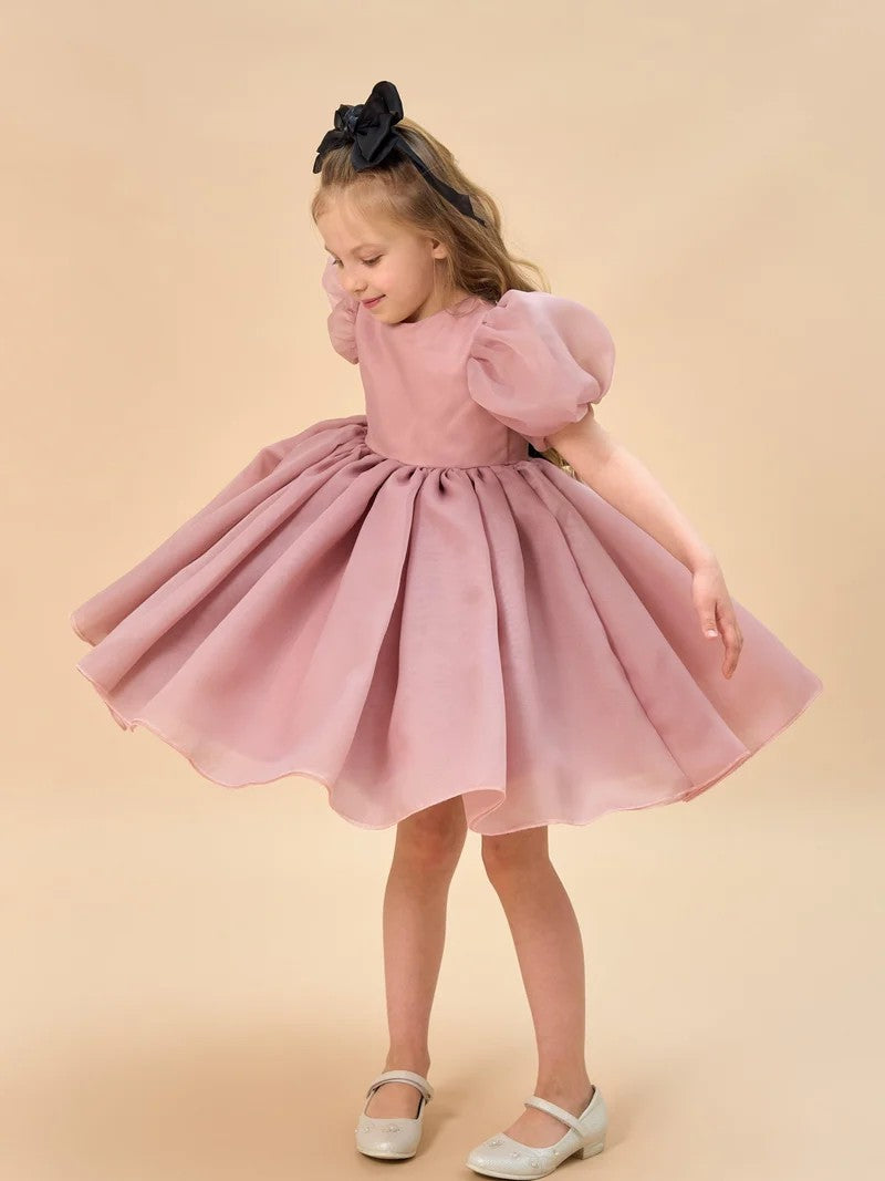 TinyTulle Light Blue Organza Puff Sleeve Flower Girl Dress with Bow Back
