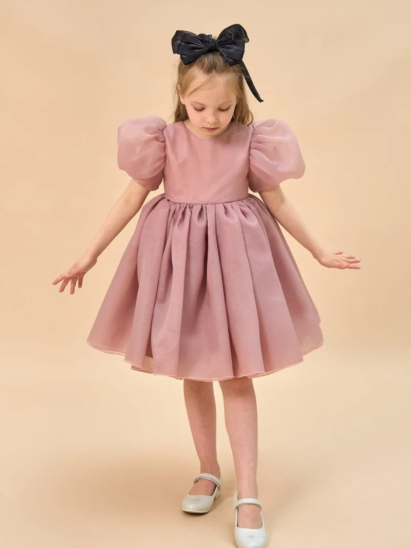 TinyTulle Light Blue Organza Puff Sleeve Flower Girl Dress with Bow Back