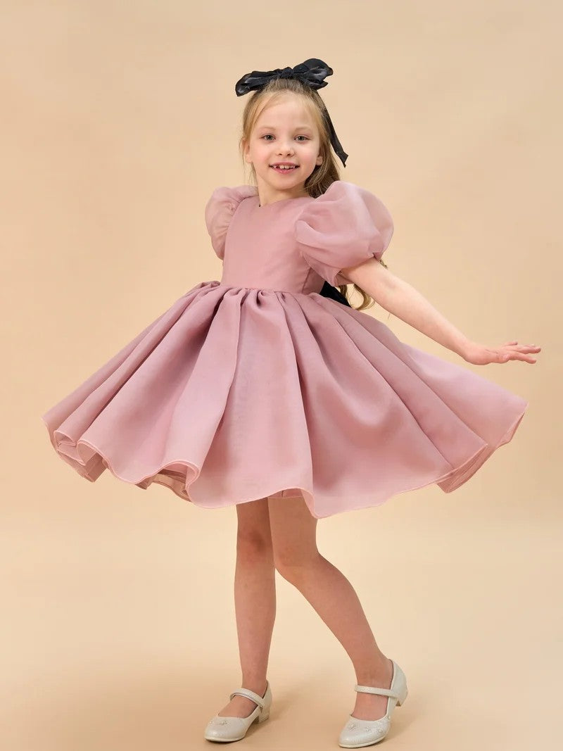 TinyTulle Light Blue Organza Puff Sleeve Flower Girl Dress with Bow Back