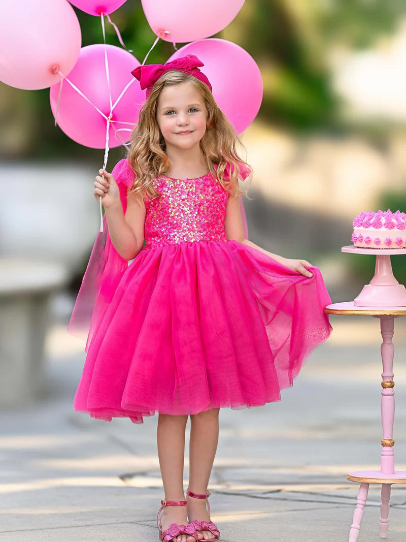 TinyTulle Bow-Shoulder Sleeveless Sequin Tulle A-Line Flower Girl Dress for Birthday