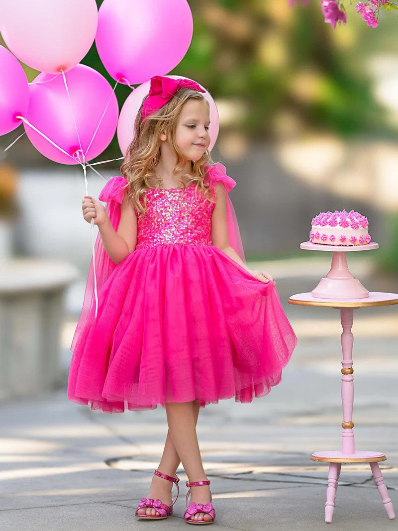 TinyTulle Bow-Shoulder Sleeveless Sequin Tulle A-Line Flower Girl Dress for Birthday