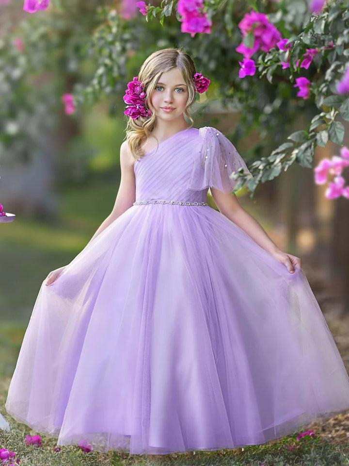 TinyTulle Romantic Lavender One-Shoulder Tulle A-Line Flower Girl Dress