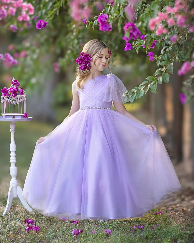 TinyTulle Romantic Lavender One-Shoulder Tulle A-Line Flower Girl Dress