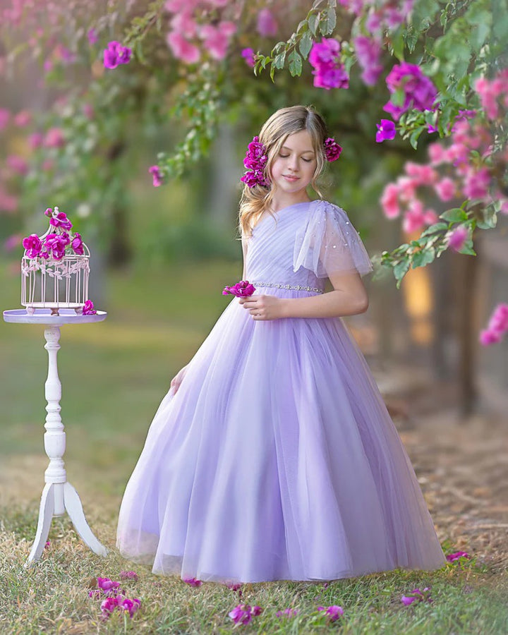 TinyTulle Romantic Lavender One-Shoulder Tulle A-Line Flower Girl Dress