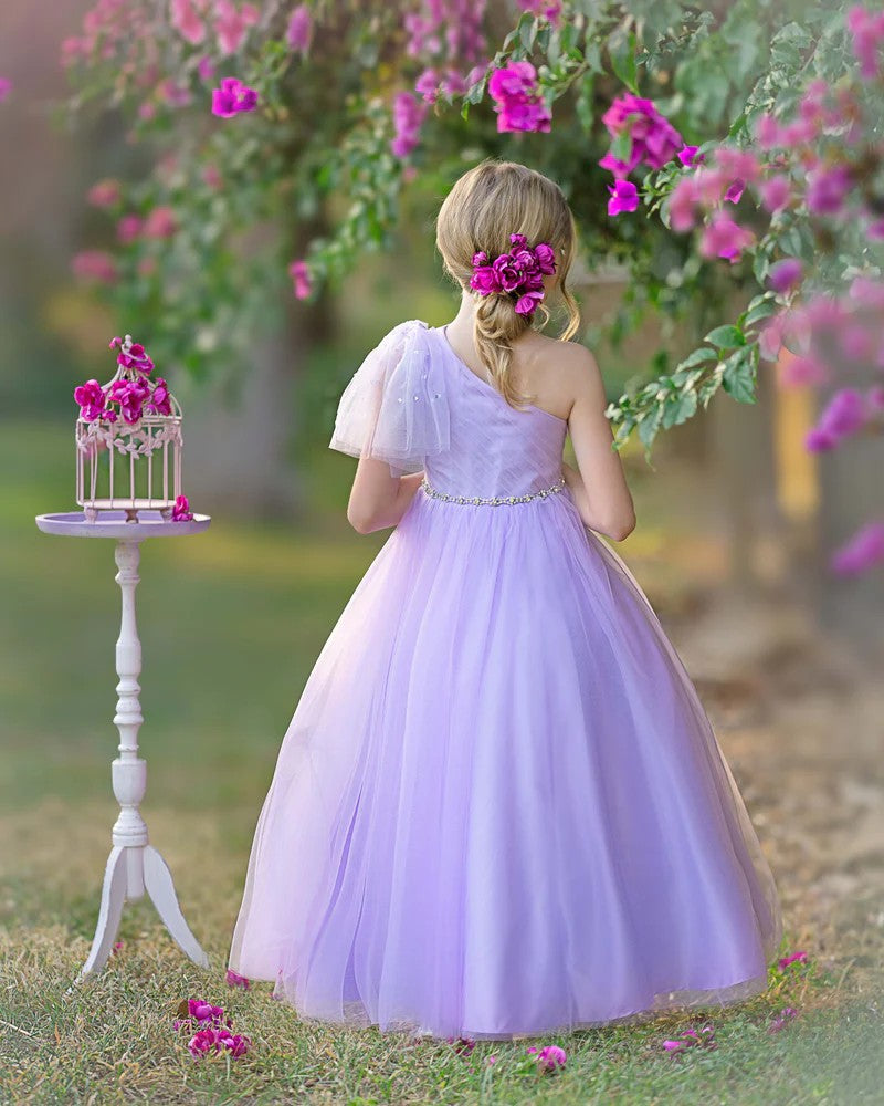 TinyTulle Romantic Lavender One-Shoulder Tulle A-Line Flower Girl Dress