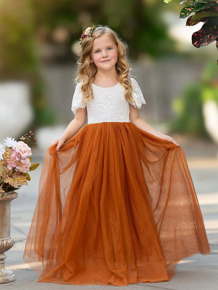 TinyTulle Elegant White Lace A-Line Long Tulle Flower Girl Dress