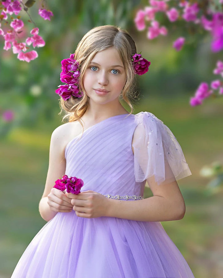 TinyTulle Romantic Lavender One-Shoulder Tulle A-Line Flower Girl Dress
