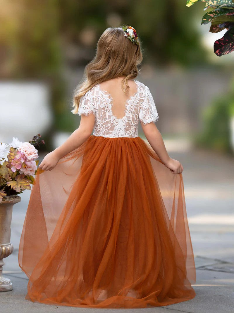 TinyTulle Elegant White Lace A-Line Long Tulle Flower Girl Dress