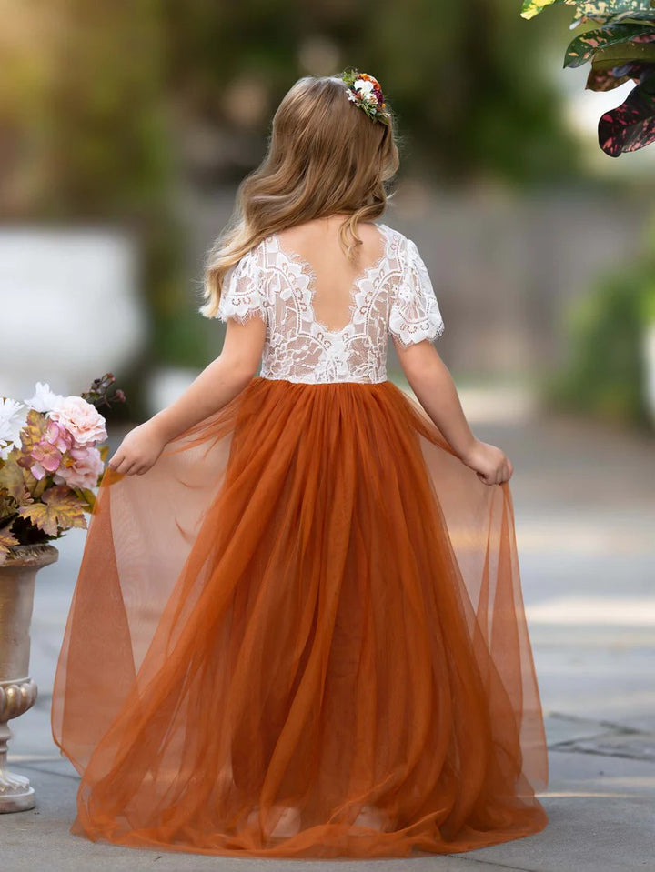 TinyTulle Elegant White Lace A-Line Long Tulle Flower Girl Dress