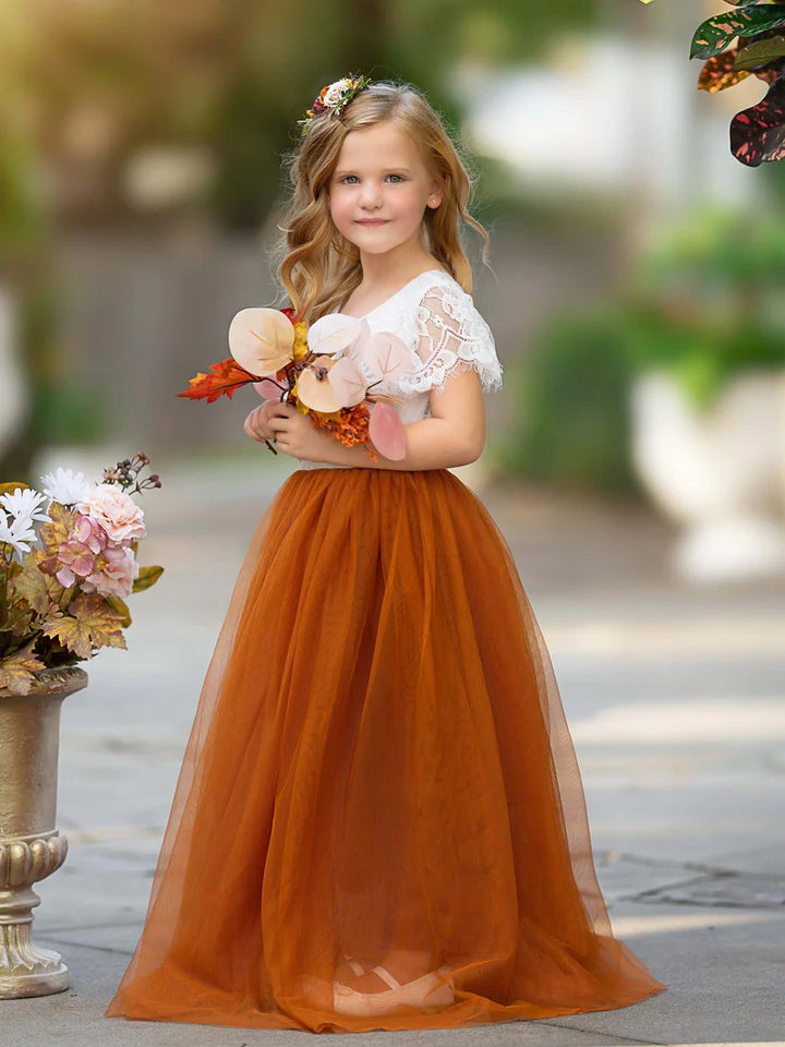 TinyTulle Elegant White Lace A-Line Long Tulle Flower Girl Dress