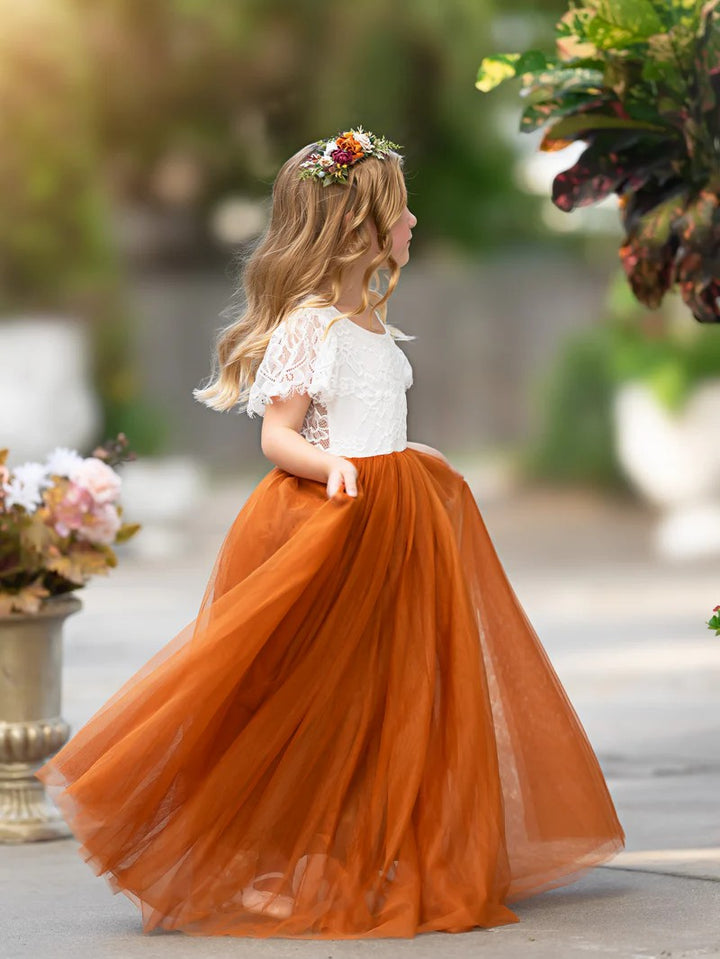 TinyTulle Elegant White Lace A-Line Long Tulle Flower Girl Dress