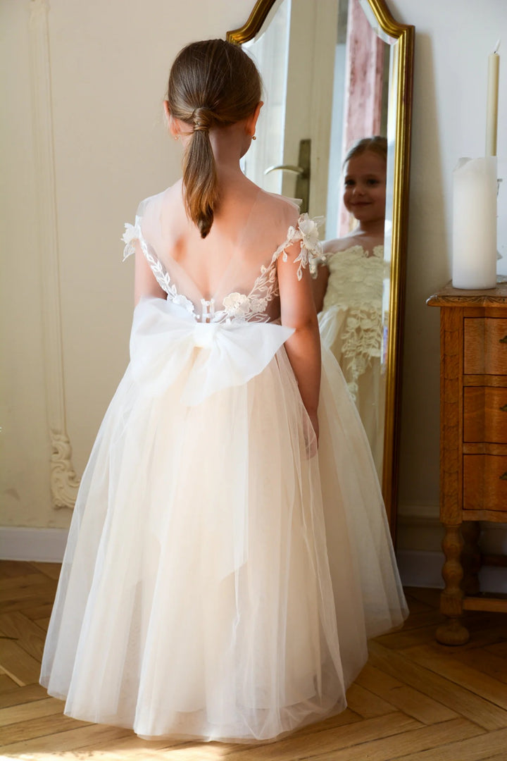 TinyTulle Champagne Off-Shoulder Flower Girl Dress with Floral Appliqué and Bow