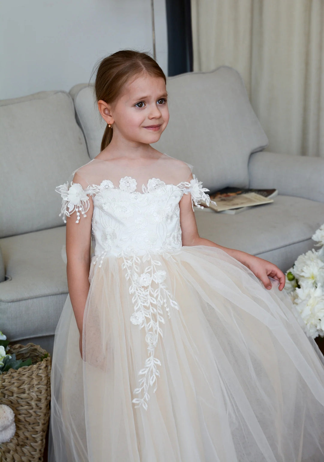 TinyTulle Champagne Off-Shoulder Flower Girl Dress with Floral Appliqué and Bow