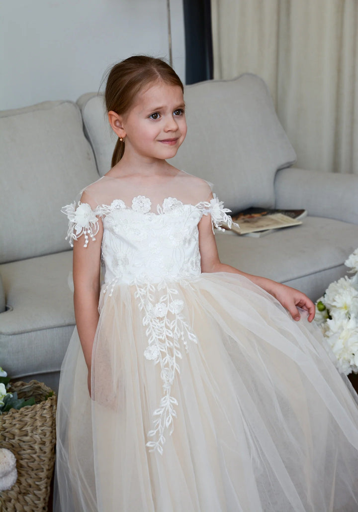 TinyTulle Champagne Off-Shoulder Flower Girl Dress with Floral Appliqué and Bow