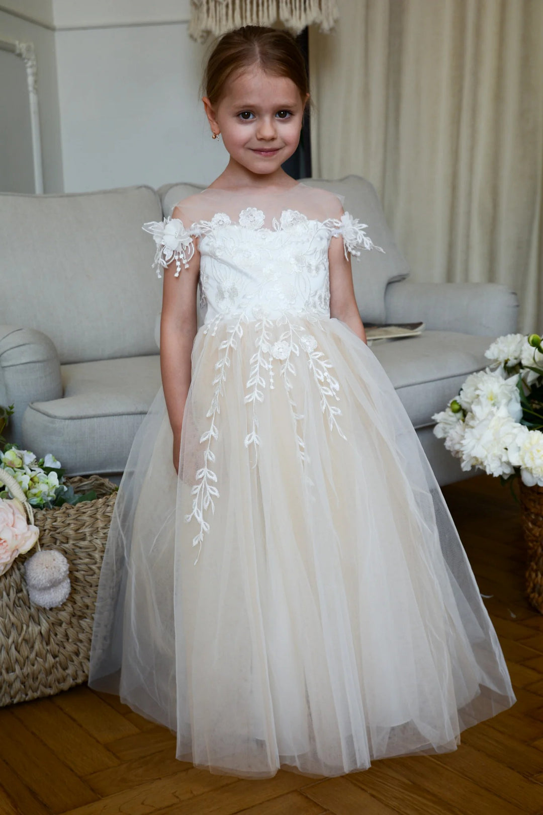 TinyTulle Champagne Off-Shoulder Flower Girl Dress with Floral Appliqué and Bow