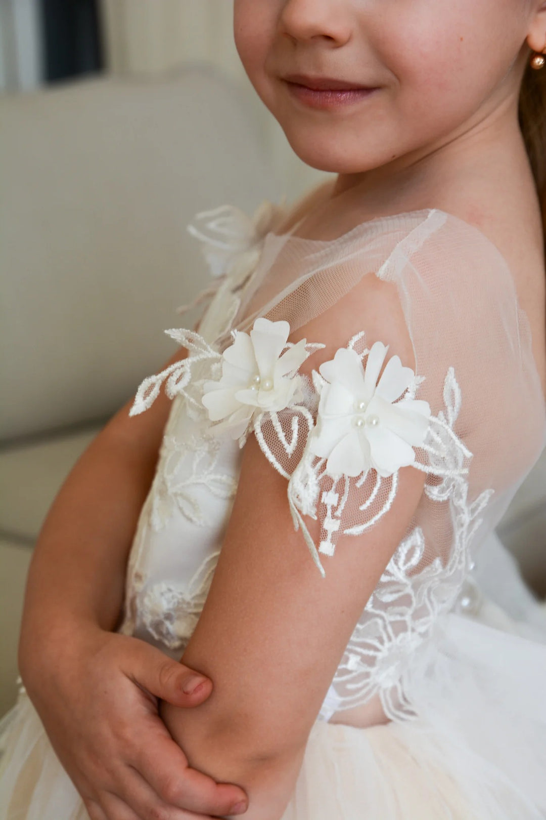 TinyTulle Champagne Off-Shoulder Flower Girl Dress with Floral Appliqué and Bow