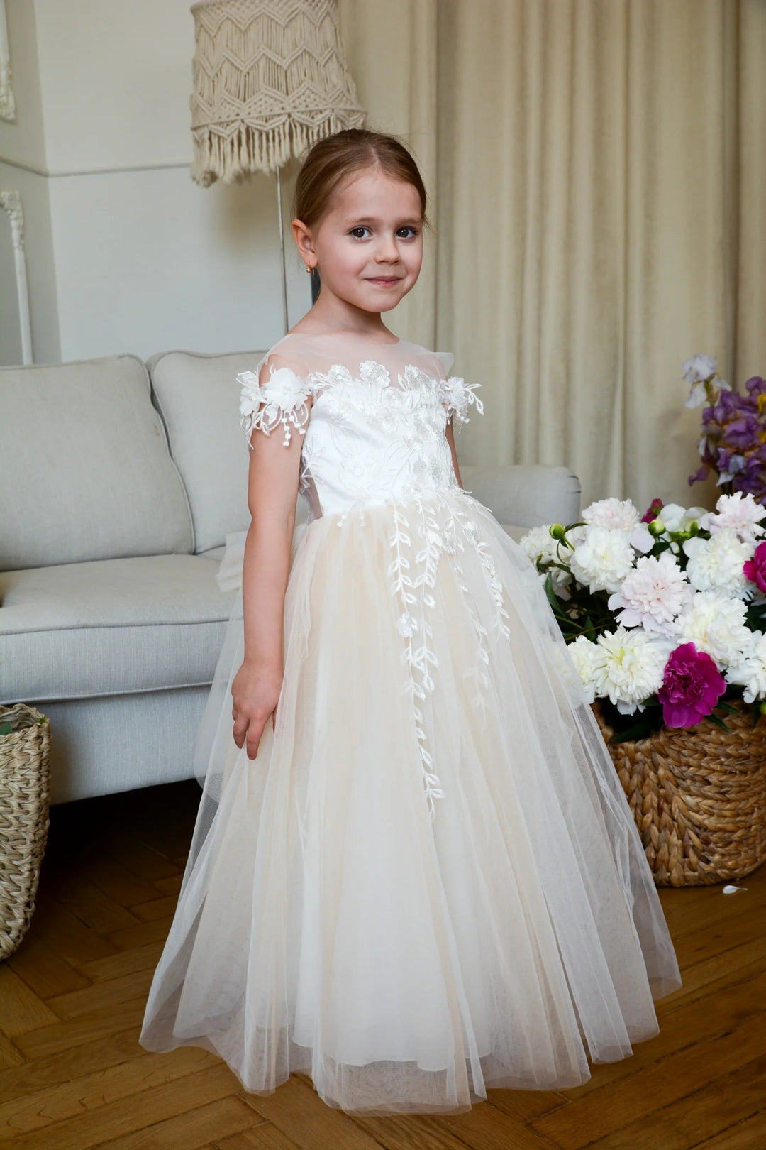 TinyTulle Champagne Off-Shoulder Flower Girl Dress with Floral Appliqué and Bow